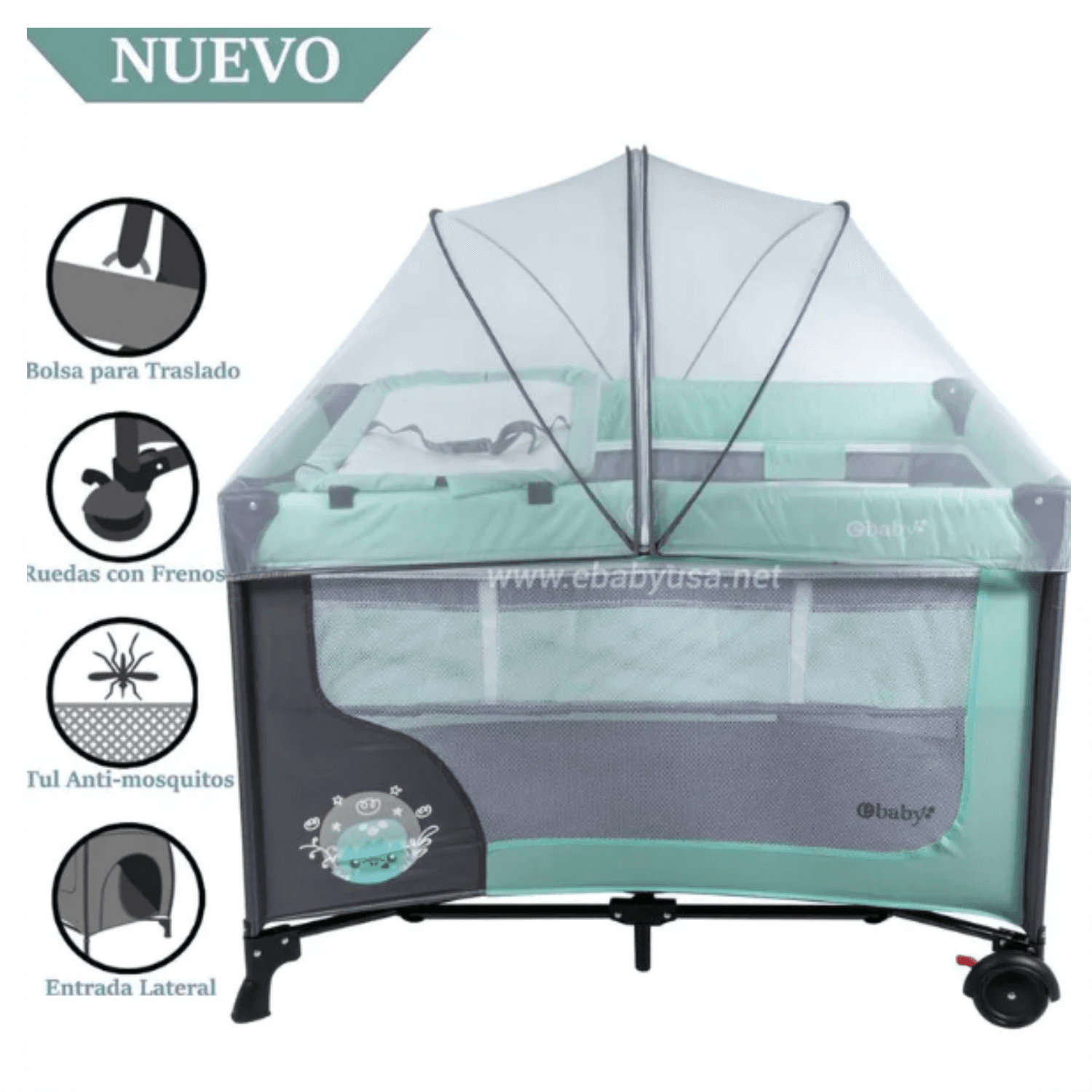 Cuna Corral Ebaby con Cambiador Happy Dream Turquesa