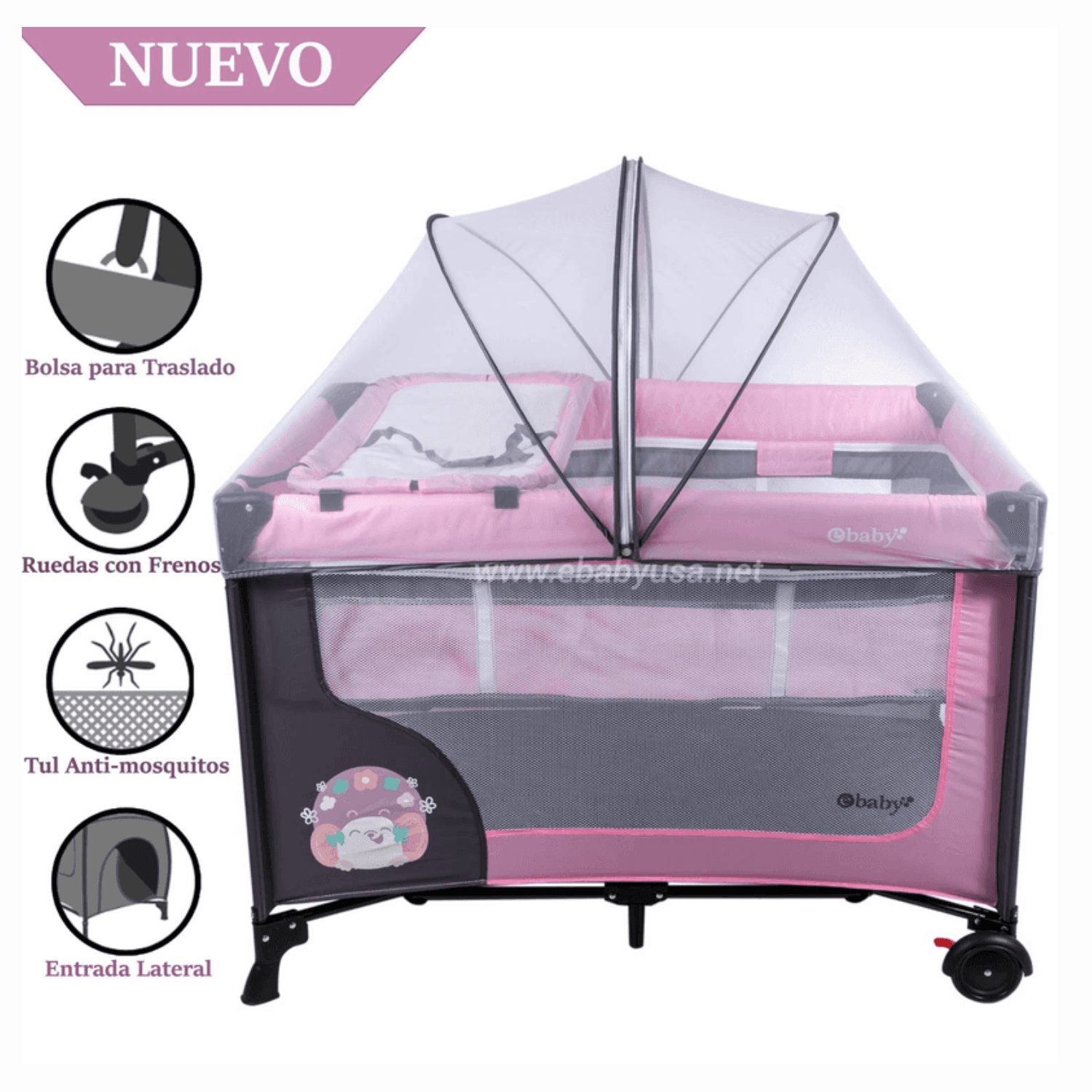 Cuna Corral Ebaby con Cambiador Happy Dream 727-2 Rosado